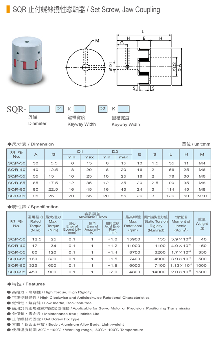 SQR止付螺絲撓性聯軸器規格表