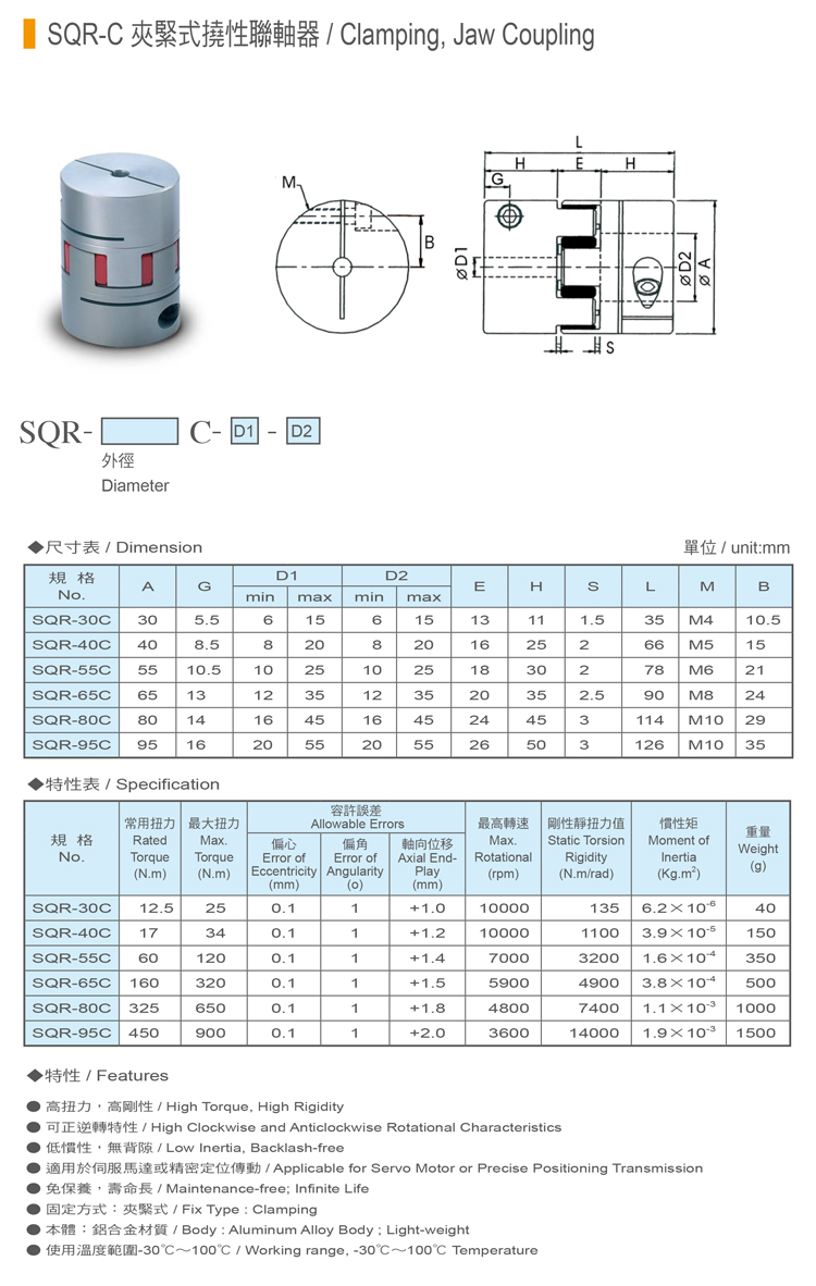 SQR-C夾緊式撓性聯軸器規格表